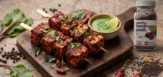 Beetroot Podi Crusted Paneer Tikka