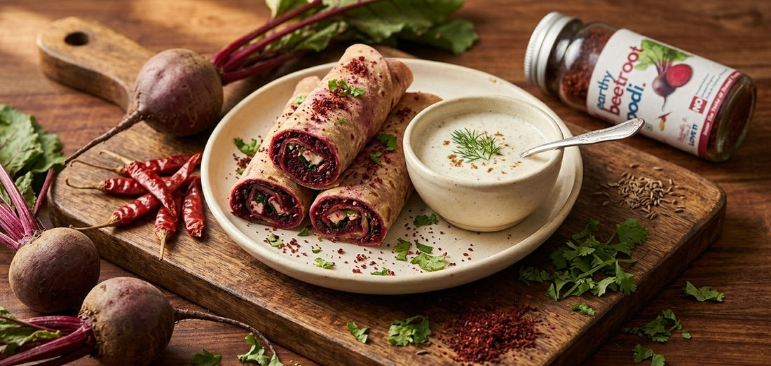 Beetroot Podi Roti Roll with Perugu Dip