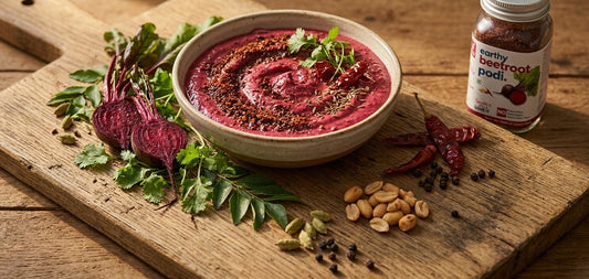 Dish made using Kitchen Koundinyasa Beetroot Seasoning: Beetroot Podi Mayo Dip