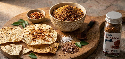 Dish made using Kitchen Koundinyasa Flaxseed Seasoning: Flax Seed Podi Masala Papad