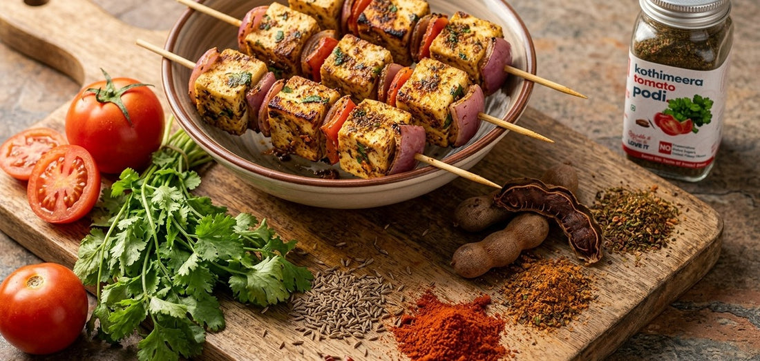 Kothimeera Tomato Podi Paneer Tikka Skewers