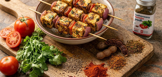 Kothimeera Tomato Podi Paneer Tikka Skewers