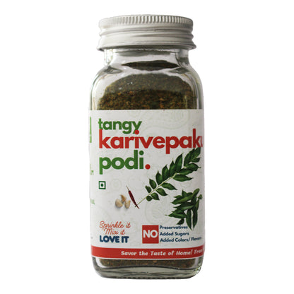 Tangy Karivepaku Curry Leaf Podi jar by Kitchen Koundinyasa